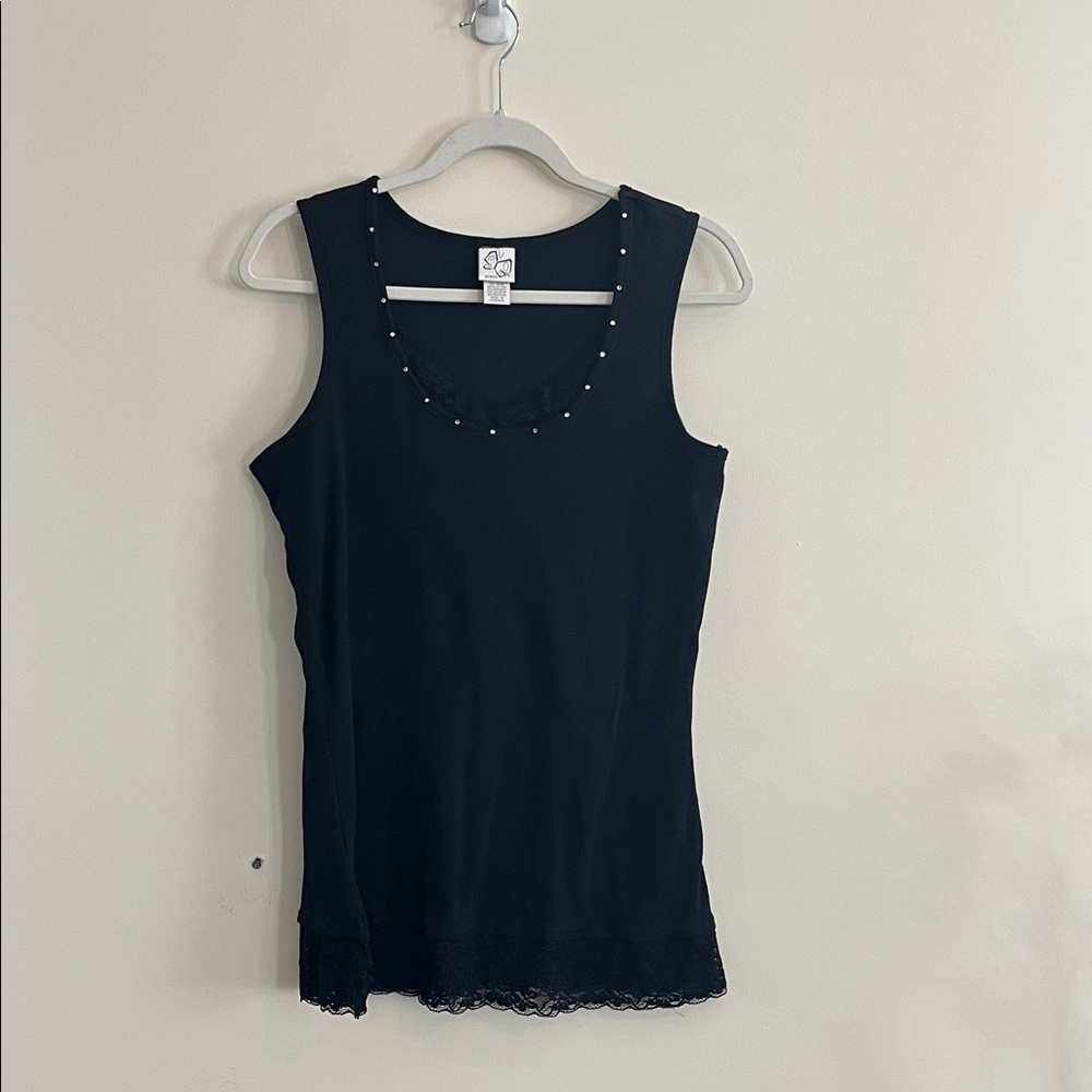 Vintage Lace Tank Top Bling Black Rhinestone Y2K McBling 14/16 Dark‎ Romantic